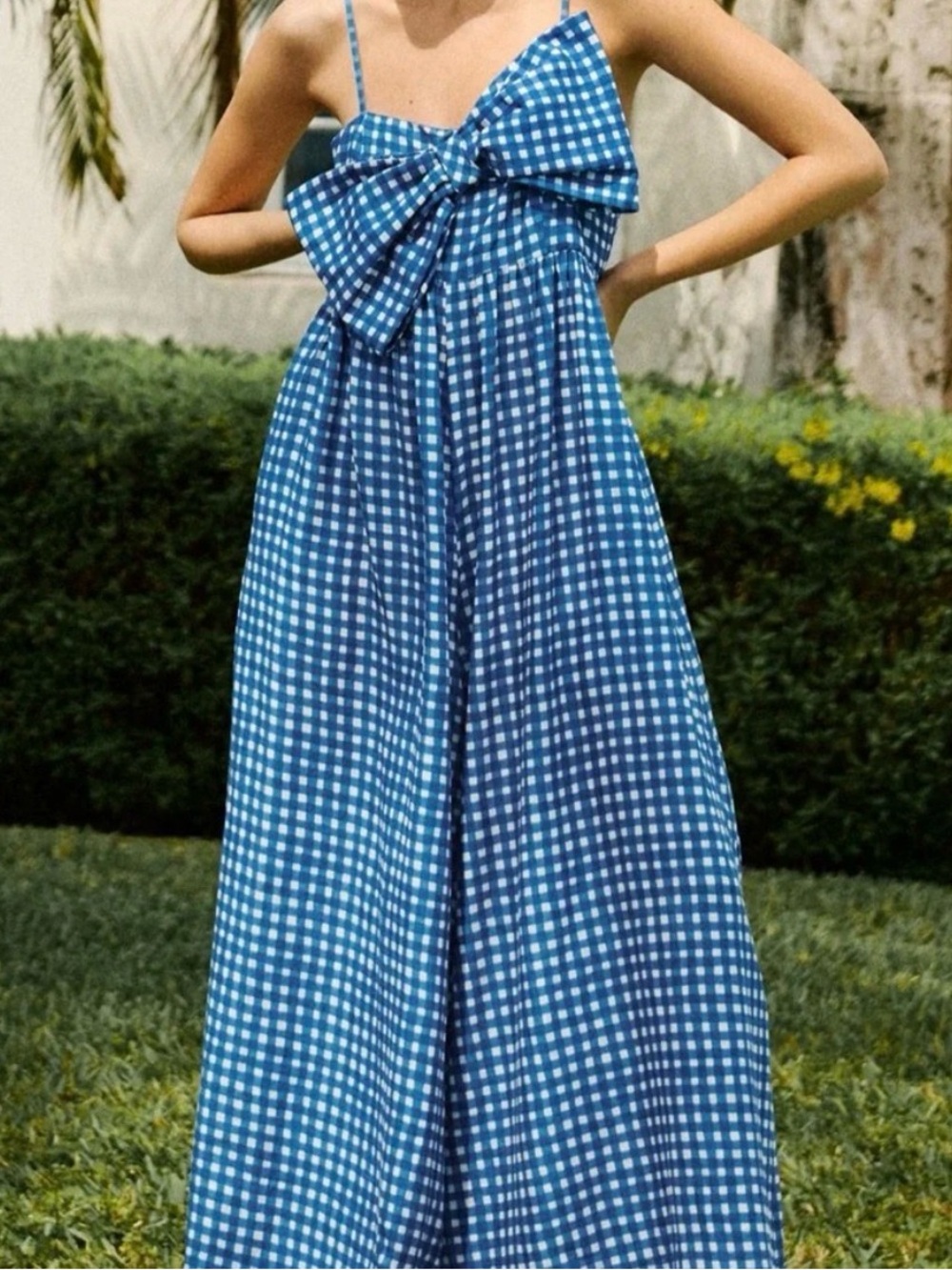 Hutch Linen Bow Jumpsuit Blue Gingham Wide Leg Size S $198